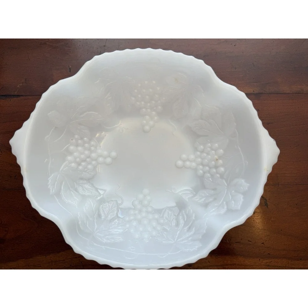 Vintage Anchor Hocking Milk Glass Harvest Grape Oval Bowl Handled Serving MCM